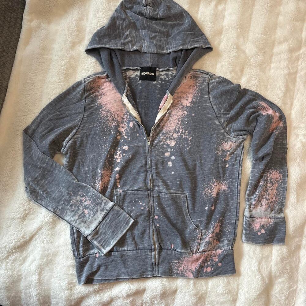 MONROW Luxe Grey & Pink Bleach Splatter Zip-Up Hoodie
